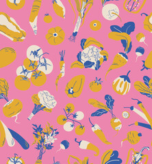 Vegetables seamless pattern on pink background. Flat colorful background for farmers market, vegan menu. Cute veggies in fresh summer autumn print design for kitchen textile