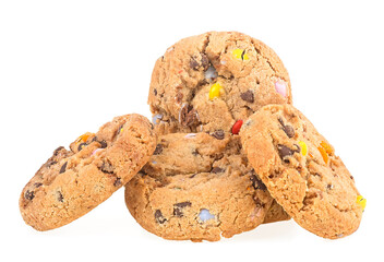 Sugar cookies with colorful candies and chocolate drops isolated on a white background