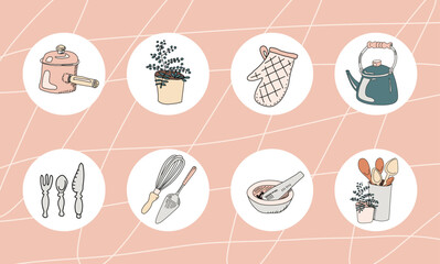 Vector set of social media instagram highlights. Round icons of kitchen utensils and cooking tools. Cute doodle illustrations for blogging and logo design.