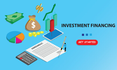 A vector investment financing concept. Miniature signing agreement, calculator, graph, stochastic, money bag, coin, cash and get started vector