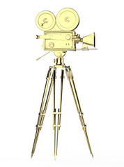 vintage golden retro movie camera on tripod mount isolated on white high quality 3d rendering isolated on transparent background
