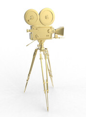 vintage golden retro movie camera on tripod mount isolated on white high quality 3d rendering isolated on transparent background