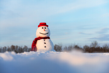 Funny snowman in stylish red hat and red scalf on snowy field. Blue sky on background