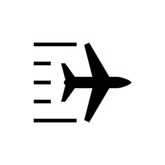 Flight airplane silhouette with speed stripes. Vector icon for travel agency, air freight.