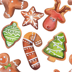 Seamless christmas winter watercolor pattern with holly, bells , stars and gifts