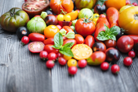 Different varieties kind of red, yellow, green and black tomato mix on wooden table. Fresh assorted colorful summer tomatoes background, close up. Food photography