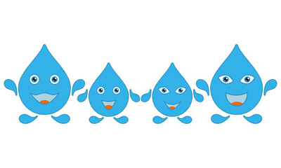 Cheerful happy family with children from blue water droplets. Cute smiling drops of water with faces. Mom and dad, son and daughter. Set of vector illustrations.