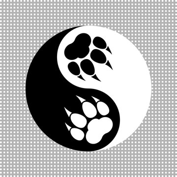 Two black and white paw prints with claws and yin yang symbol. Vector logo. 