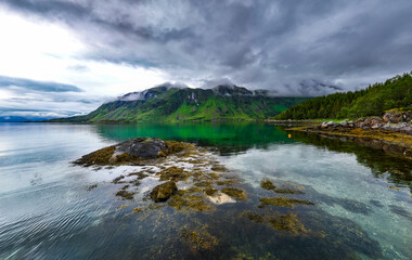 Lofoten fjord z widokiem na góry - obrazy, fototapety, plakaty