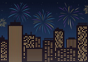 Fireworks in the city. Buildings with luminous windows against the sky with fireworks. Vector flat illustration.