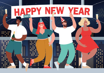 Diverse people celebrate New Year 2023. They drink champagne and have fun against the backdrop of a window with a view of the city with fireworks. Vector flat illustration.