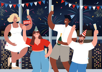 Diverse people celebrate New Year 2023. They drink champagne and dance against the backdrop of a window with a view of the city with fireworks. Vector flat illustration.