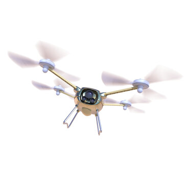 aerial robot drone, quadrocopter, with camera flying . Concept hovering multycopter 3d render isolated on transparent background