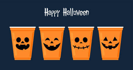 Halloween face on plastic cup. Party cup isolated. background, vector illustration. Halloween beer cup vector. Beer pong. Halloween face on plastic cup.