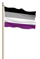 3d illustration Asexual flag on a pillar blown away isolated on a white background. Freedom and love concept. Activism, community and freedom Concept.