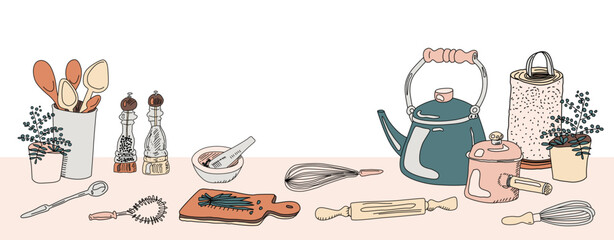 Kitchen utensils vector background. Hand drawn doodle illustration. Cooking items banner with free space for text.