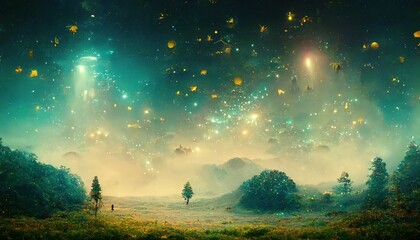 beautiful night landscape with a tree and a moon. star constellations. fantasy landscape. Concept Art Scenery. Book Illustration.