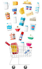 Milk products set in shopping cart