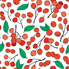 Vector seamless pattern of different small red berries, single and twigs. Rowan fetus, viburnum, blueberry, lingonberry, cranberry. Botanical texture isolated on white, hand drawn in doodle flat style