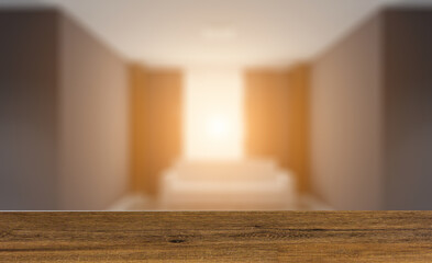 Fototapeta na wymiar Modern office building interior. 3D rendering.. Background with empty wooden table. Flooring.