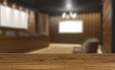 Modern meeting room. 3D rendering.. Mockup.   Empty paintings. Background with empty wooden table. Flooring.