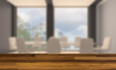 Modern office Cabinet.  3D rendering.   Meeting room. Background with empty wooden table. Flooring.