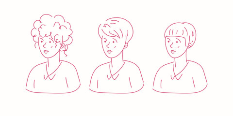 The heads of girls with different hairstyles and long hair. The image of the head of cute women in a turn.