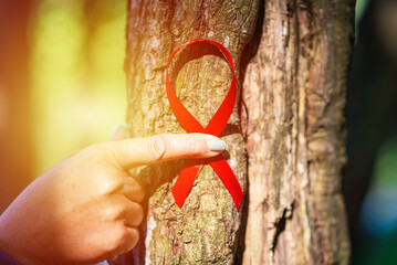 Aids red ribbon.hand holding ribbon on the tree.bokeh nature background for world aids day and...