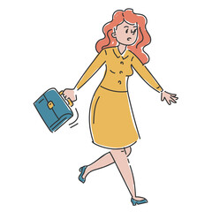 Businesswoman in a hurry. Doodle illustration of female character in yellow dress running to the office. Girl in stress.
