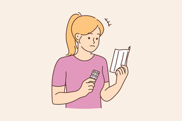 Distressed woman read tablet prescription 