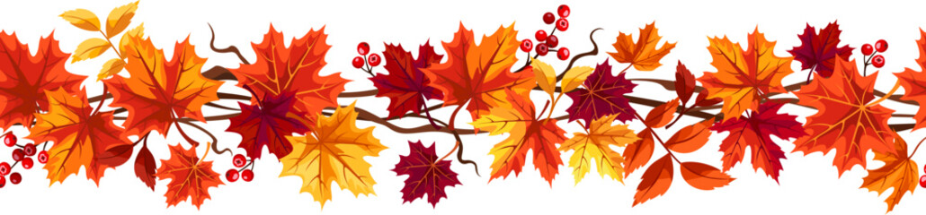 Seamless border with red, orange, brown, and yellow autumn maple leaves and rowanberries. Vector illustration