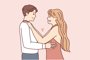 Happy couple in love hugging enjoy romantic date together. Smiling man and woman embracing showing affection and care. Relationship concept. Vector illustration. 