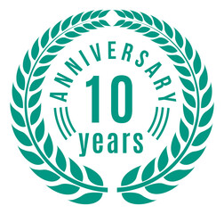Anniversary ten years label. Decorative tag with laurel branches