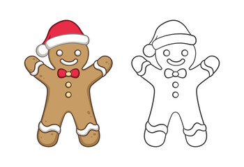 Cute gingerbread man with a bow tie and Santa hat outline and colored doodle cartoon illustration set. Winter Christmas theme coloring book page activity for kids and adults.