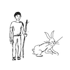 Fototapeta premium Boy and Bunny. Sketch in black pencil on a white background. Children's illustration.