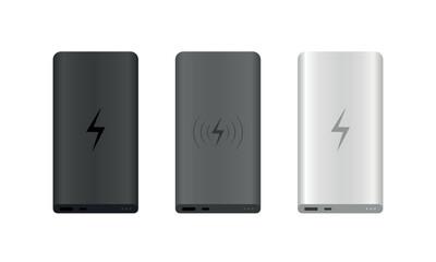 Black, grey and white powerbanks on white background. Set of realistic power bank. Vector illustration