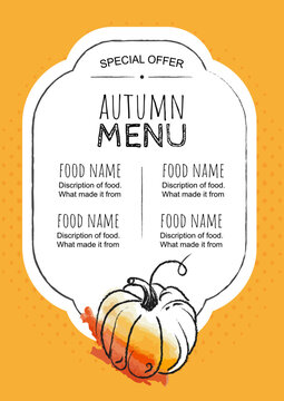 autumn fall menu, template for cafe or restaurant. yellow watercolor pumpkin on bright  yellow background, banner for cafe