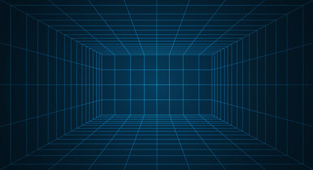 Futuristic 3D wireframe room. Perspective grid. Futuristic digital hallway space in virtual reality
