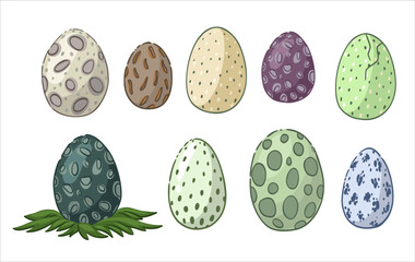 Cartoon set with dinosaur or dragon eggs. Flat children s illustration of fossils. Vector isolated drawing. Colorful reptile eggs.