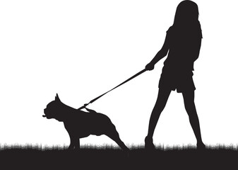 Silhouette of a girl with a belt on a leash. French Bulldog.