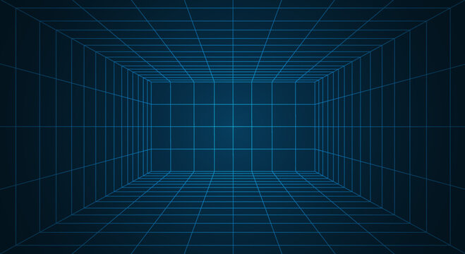 Futuristic 3D wireframe room. Perspective grid. Futuristic digital hallway space in virtual reality
