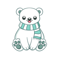 Cute chibi snow polar bear wearing a scarf animal cartoon illustration. Winter wildlife Christmas theme clip art.