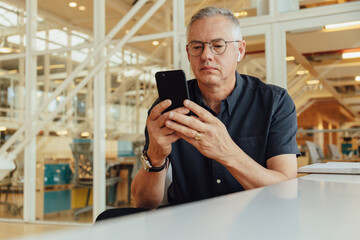 Businessman with diary on desk using smartphone in office