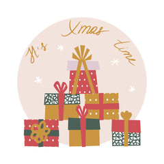 Gifts stacked in a Christmas tree. Vector illustration with text It's Christmas time. Card