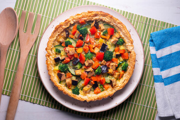 Puff pastry pie with vegetables. vegan recipe.