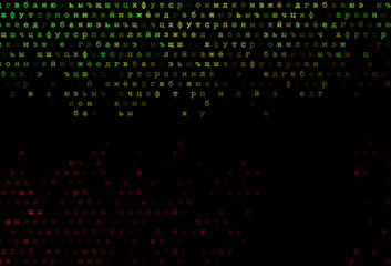 Dark green, red vector background with signs of alphabet.