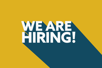 Business vector illustration contains text We are hiring with a long shadow. Hiring promotion, recruiting, job offer, or employee vacancy announcement concept banner