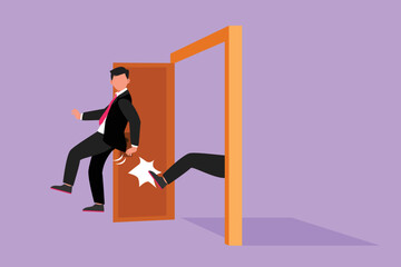 Cartoon flat character drawing of young businessman get kicked out of door. Dismissed from job. Unemployment business concept. Boss kicks unnecessary employee. Graphic style design vector illustration