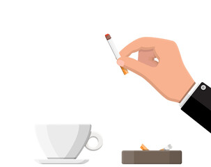 Coffee cup and ashtray full of smokes cigarettes.