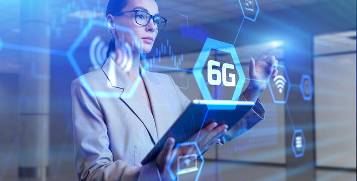 6G Six generation wireless mobile internet connection concept. Young business woman pressing button on virtual screen. - Powered by Adobe